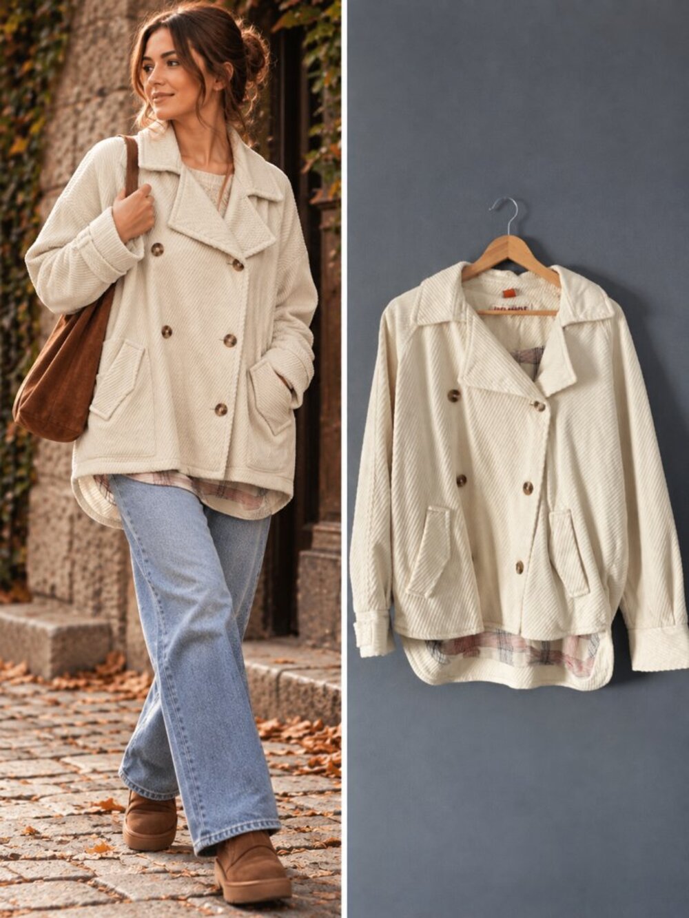 Free People Cream Corduroy Remi Pea Coat Oversized Double Breasted Cottagecore M